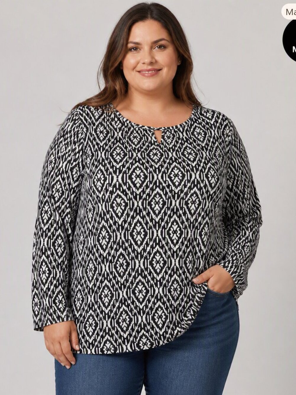 Vintage Suzie Black & White Ikat Keyhole 3/4 Sleeve Top – XL – EUC